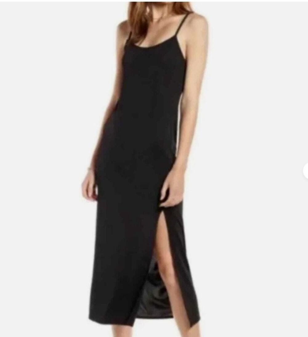 Something Navy Women's Size L Black Slip Dress Side Slit Knit Midi Length